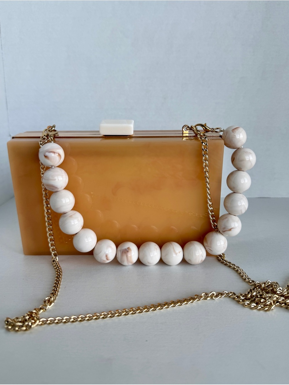 Zara Acrylic Box Clutch with Ivory Bead Strap, Caramel-Brown
